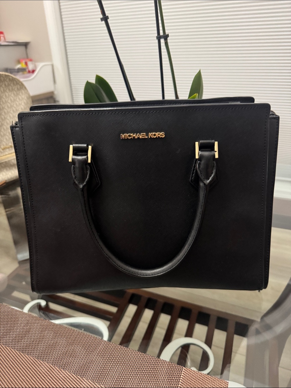 Michael Kors Black Saffiano Leather Satchel with Gold Hardware